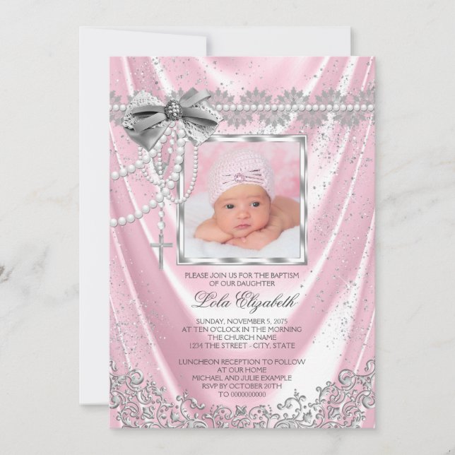 Flickor Rosa Photo Baptism Christening Satin Glitt Inbjudningar (Framsida)