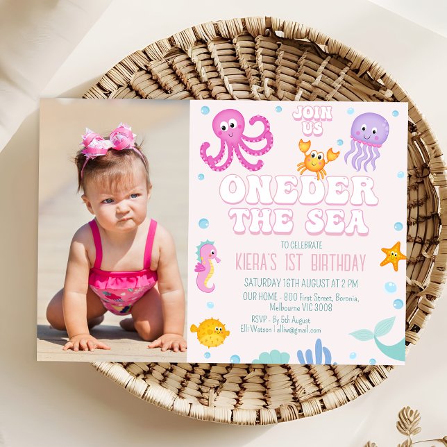 Flickor Rosa Photo Oneder Sea 1:a födelsedagen Inbjudningar (Photo Oneder the Sea 1st Birthday Invitation Template Girl, Pink Under The Sea 1st Birthday Invite)