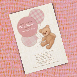 Flickor Rosa Plade Nalle Baby Shower Inbjudningar