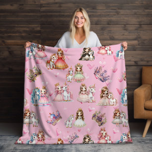 Flickor Rosa Princess & Unicorn Mönster med Krona Fleecefilt