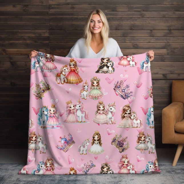 Flickor Rosa Princess & Unicorn Mönster med Krona Fleecefilt (Skapare uppladdad)