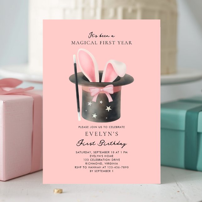 Flickor Rosa Rosett Magisk 1-årsdag Inbjudningar (Skapare uppladdad)