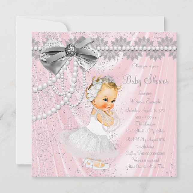 Flickor Rosa Satin Pärla Liten Dam Baby Shower Inbjudningar (Framsida)