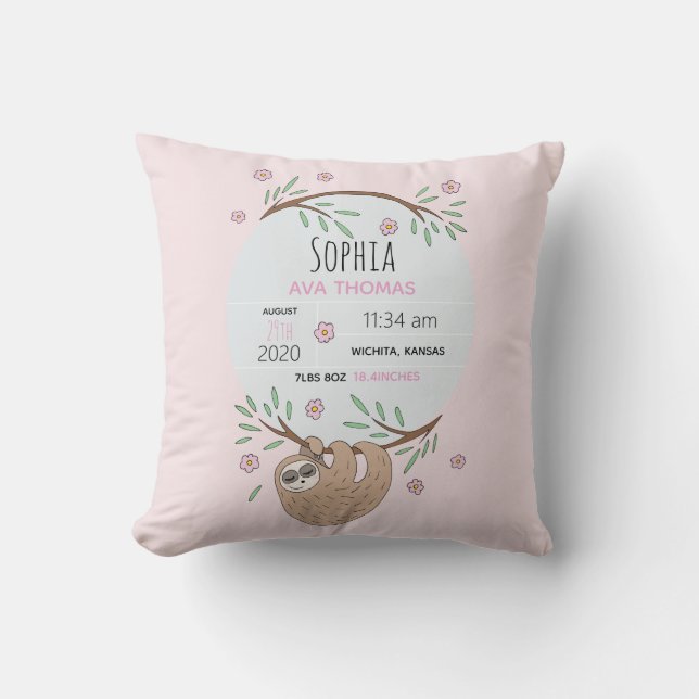 Flickor Rosa Sleeping Sloth Birth Stats Nursery Kudde (Framsida)