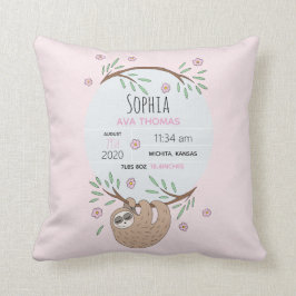 Flickor Rosa Sleeping Sloth Birth Stats Nursery Kudde