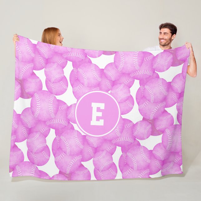 Flickor rosa softbollar mönster monogrammat fleecefilt (På plats)