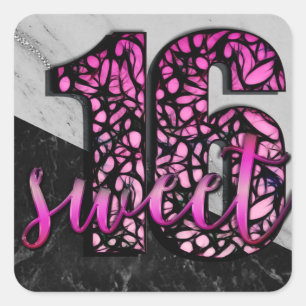 Flickor Rosa Svart Marmor Sweet 16 Födelsedagsfest Fyrkantigt Klistermärke