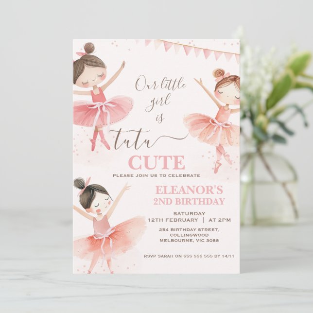 Flickor Rosa Tutu Ballerina 2:a födelsedagen Inbjudningar (Stående Fram)