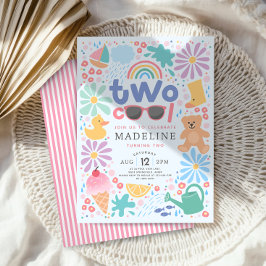 Flickor Rosa Två Cool Sommarstänk Andra Födelsedag Inbjudningar