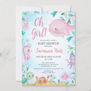 Flickor Rosa Whale under Sea Baby Shower Inbjudningar