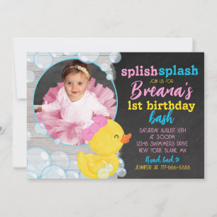 Flickor Rubber Anka Chalkboard & Rosa Photo Birthd Inbjudningar
