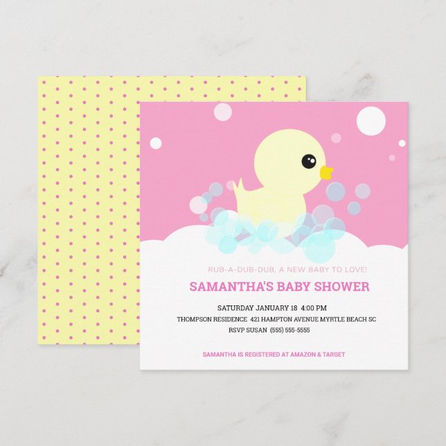 Flickor Rubber Ducky Baby Shower-inbjudningar Inbjudningar (Fram/baksida)