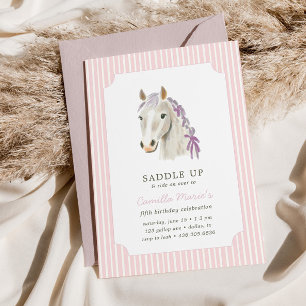 Flickor Saddle Up Preppy Pony Horse Rosa Birthday Inbjudningar