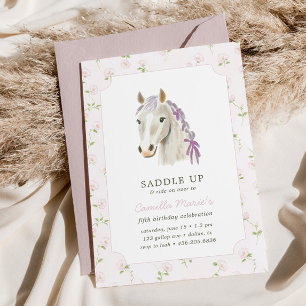 Flickor Saddle Up Preppy Pony Horse Rosa Birthday Inbjudningar