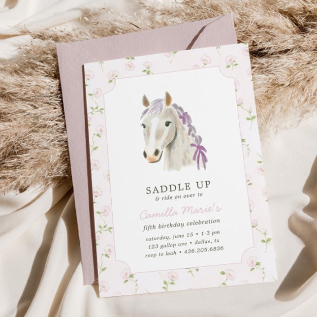 Flickor Saddle Up Preppy Pony Horse Rosa Birthday Inbjudningar (Skapare uppladdad)