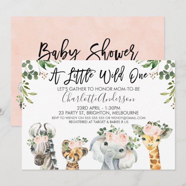 Flickor Safari Animals Baby Shower-inbjudan Inbjudningar (Fram/baksida)