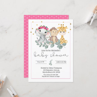 Flickor Safari Animals och Greenery Baby Shower Inbjudningar