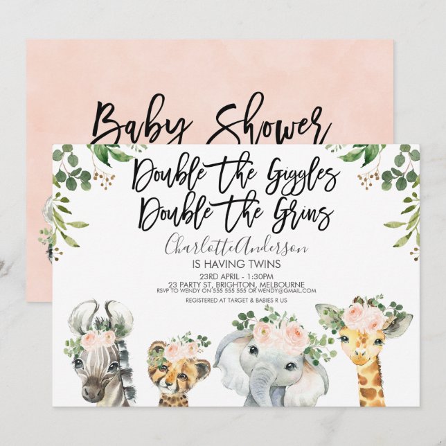Flickor Safari Animals Twillingars Baby Shower-inb Inbjudningar (Fram/baksida)