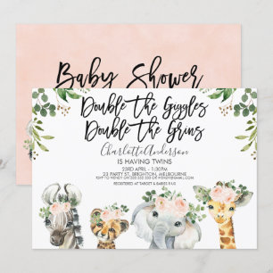 Flickor Safari Animals Twillingars Baby Shower-inb Inbjudningar