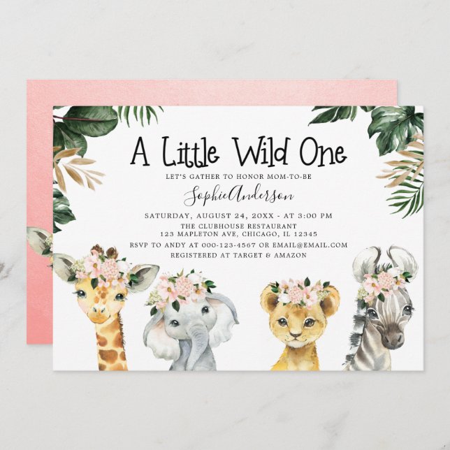 Flickor Safari Jungle Animals Baby Shower Inbjudningar (Fram/baksida)