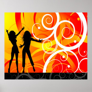 Flickor Silhouettes dansar i bakgrunden av wirls Poster