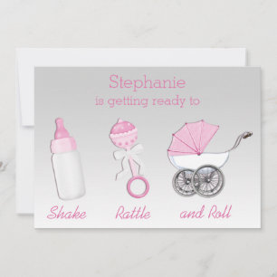 Flickor Skakar Rattle Roll Rosa Baby Shower i Silv Inbjudningar