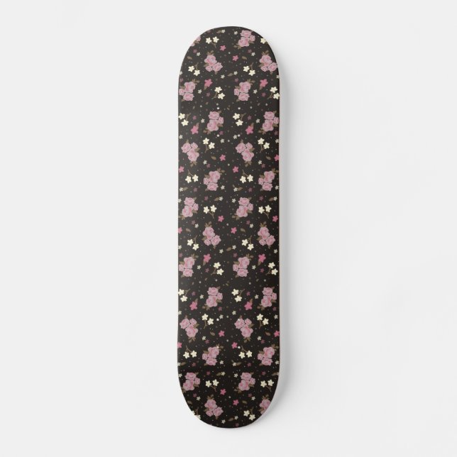 Flickor Skateboard - rosa blommor på mörkbrunt (Framsida)