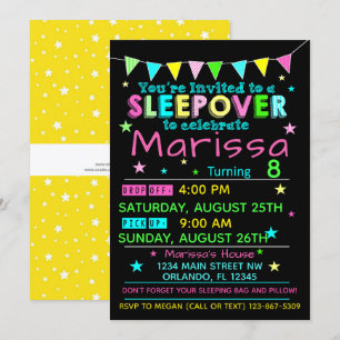 Flickor Sleepover Birthday-inbjudan Slumber Party Inbjudningar