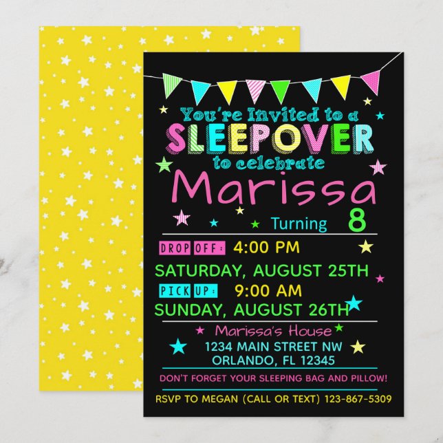 Flickor Sleepover Birthday-inbjudan Slumber Party Inbjudningar (Fram/baksida)