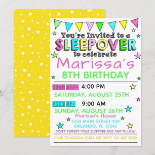 Flickor Sleepover Birthday-inbjudan Slumber Party Inbjudningar