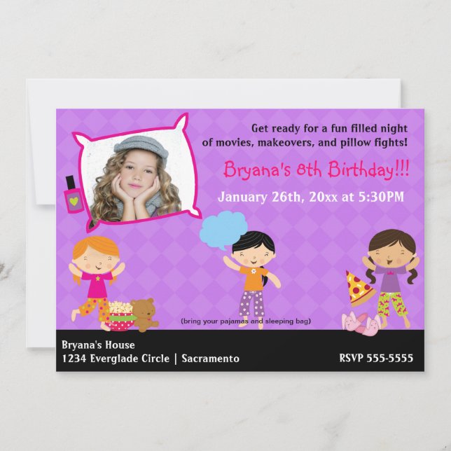 Flickor Sleepover Slumber Party fotoinbjudan Inbjudningar (Framsida)