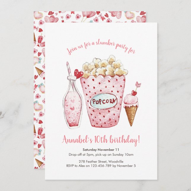 Flickor Slumber Party höjer födelsedagsinbjudan Inbjudningar (Fram/baksida)