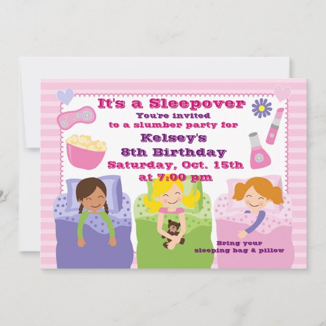 Flickor Slumber Party Sleepover Pajama-inbjudan Inbjudningar (Framsida)