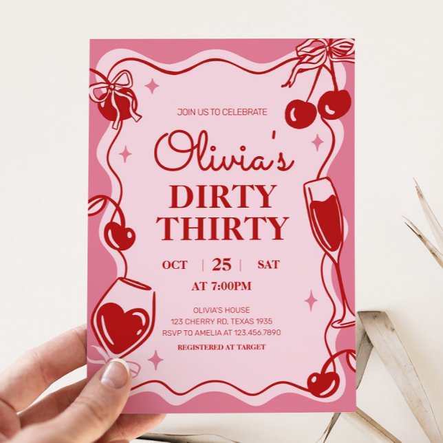 Flickor - smutsig 30-dagars inbjudan (Hand Drawn Cherry Dirty Thirty Birthday Party Invitation)