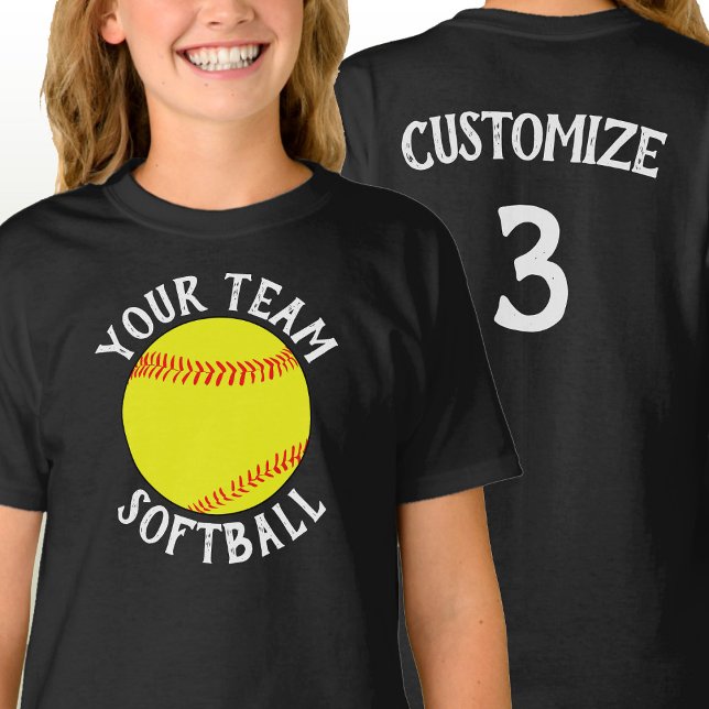 Flickor Softball Anpassningsbar Team Player Namn o T Shirt (Custom softball team shirts with personalized team name, player name and jersey number.)
