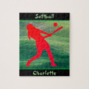 Flickor Softball Batter på Grönt Jigszle Puzzle Pussel
