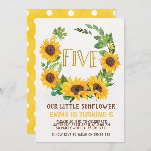 Flickor Solroskrans 5:e födelsedagsinbjudan Inbjudningar (Fram/baksida)