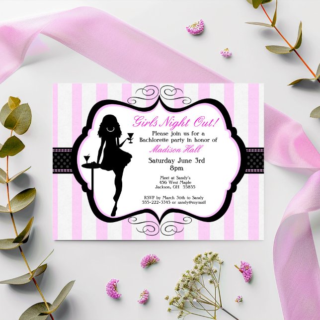 Flickor som är ute på Bachelorette-partiets inbjud Inbjudningar (Pink White and Black Striped Girl's Night Out Jewelry Party Invitation)