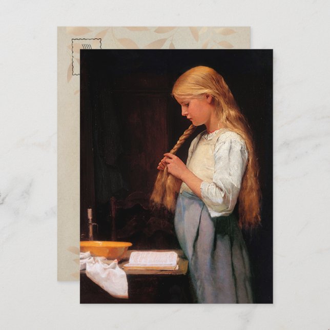 Flickor som bringar hennes hår och läser Bok Vykort (Fram/baksida)