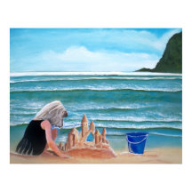 Flickor som bygger sandslott vid havsmålning konst