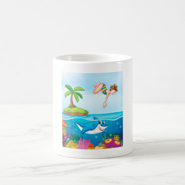 Flickor som dykar in i Ocean Friendly Shark Coral  Kaffemugg (Skapare uppladdad)