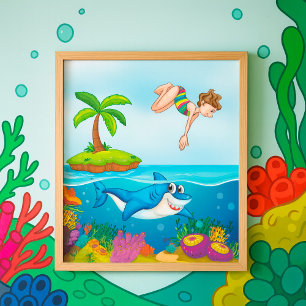 Flickor som dykar in i Ocean Friendly Shark Coral Poster
