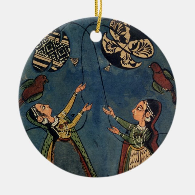 Flickor som flyger drakar, Kulu folk målning, Julgransprydnad Keramik (Framsidan)