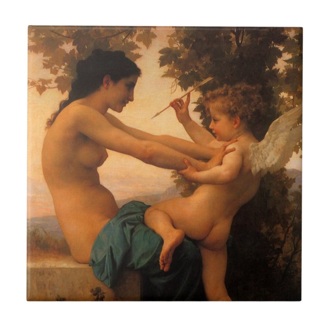 Flickor som försvarar sig mot Cupid av Bouguereau Kakelplatta (Framsidan)