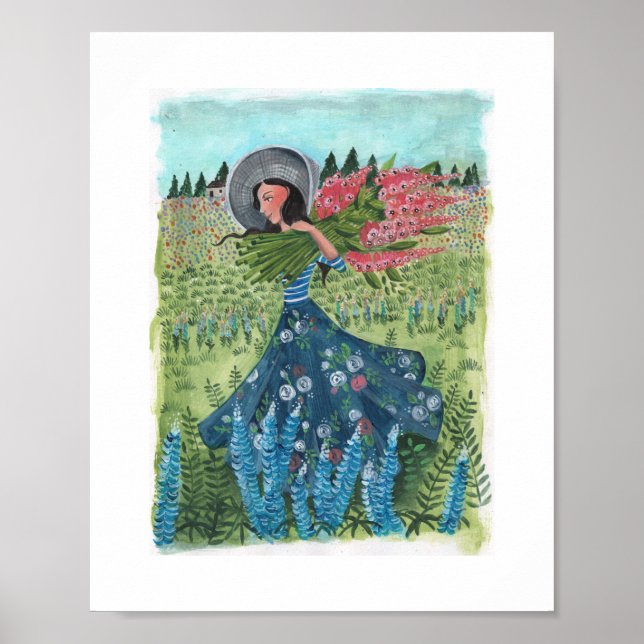 Flickor som går genom blommor i fält poster (Framsidan)