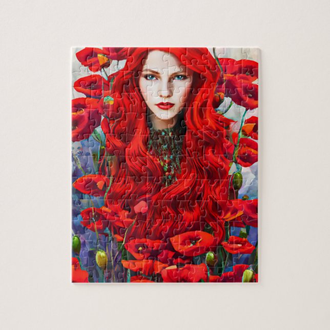 Flickor som Gömmer i Poppy Flowers Fält fantasykon Pussel (Vertikal)