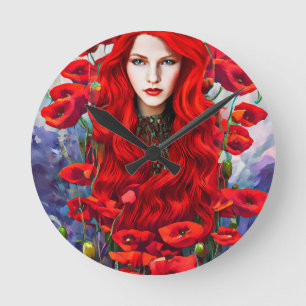 Flickor som Gömmer i Poppy Flowers Fält fantasykon Rund Klocka