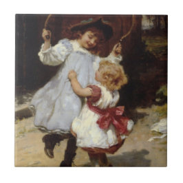 Flickor som hoppar med en hopparning kakelplatta