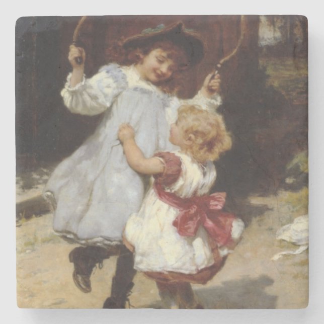 Flickor som hoppar med en hopparning stenunderlägg (Framsidan)