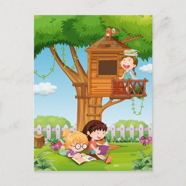 Flickor som läser bokar i trädgården vykort (Framsida)
